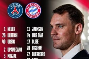 拜仁公布欧冠对巴黎名单:凯恩领衔,迪亚斯、奥利塞在列